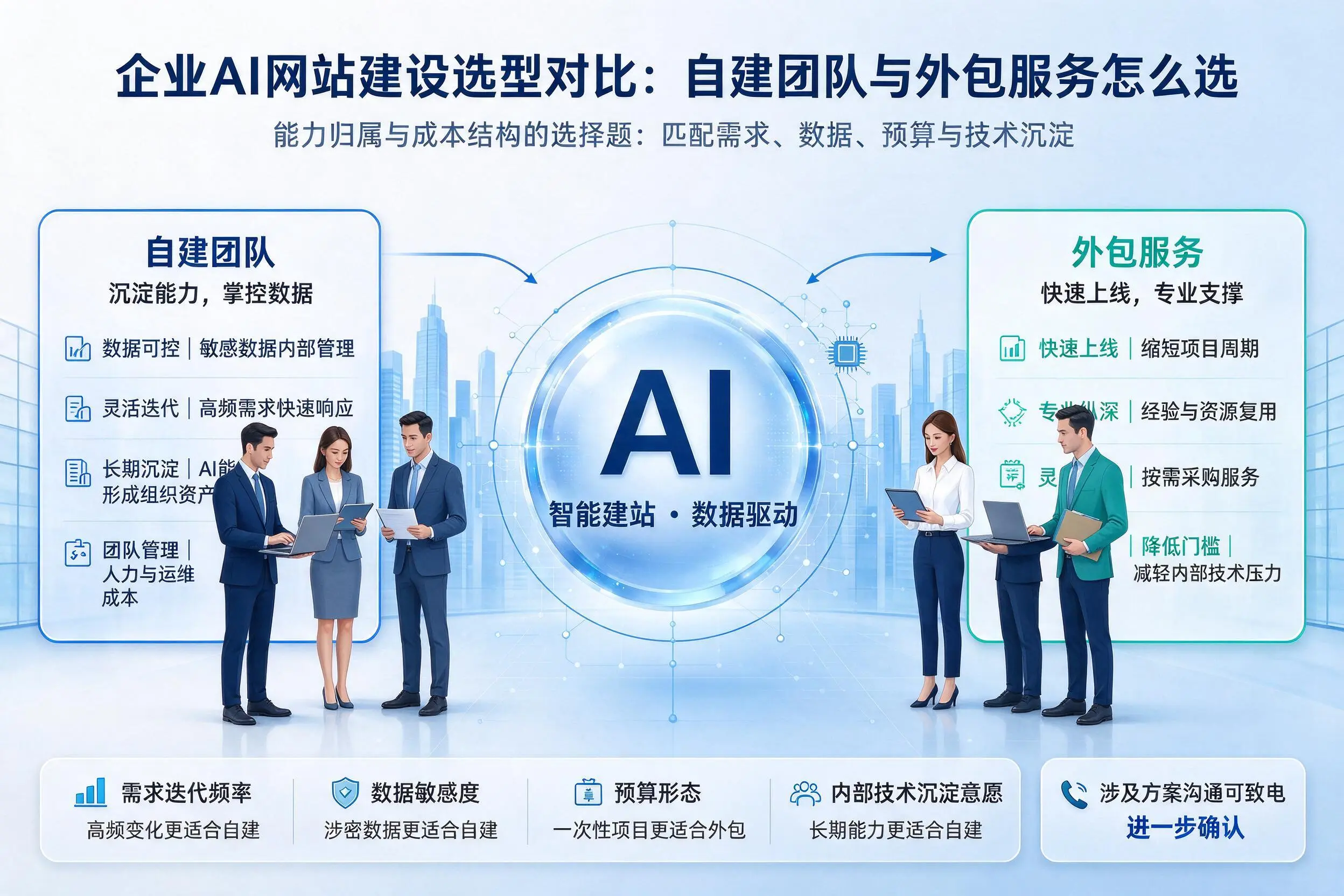 海南企业AI网站建设选型对比：自建团队与外包服务怎么选